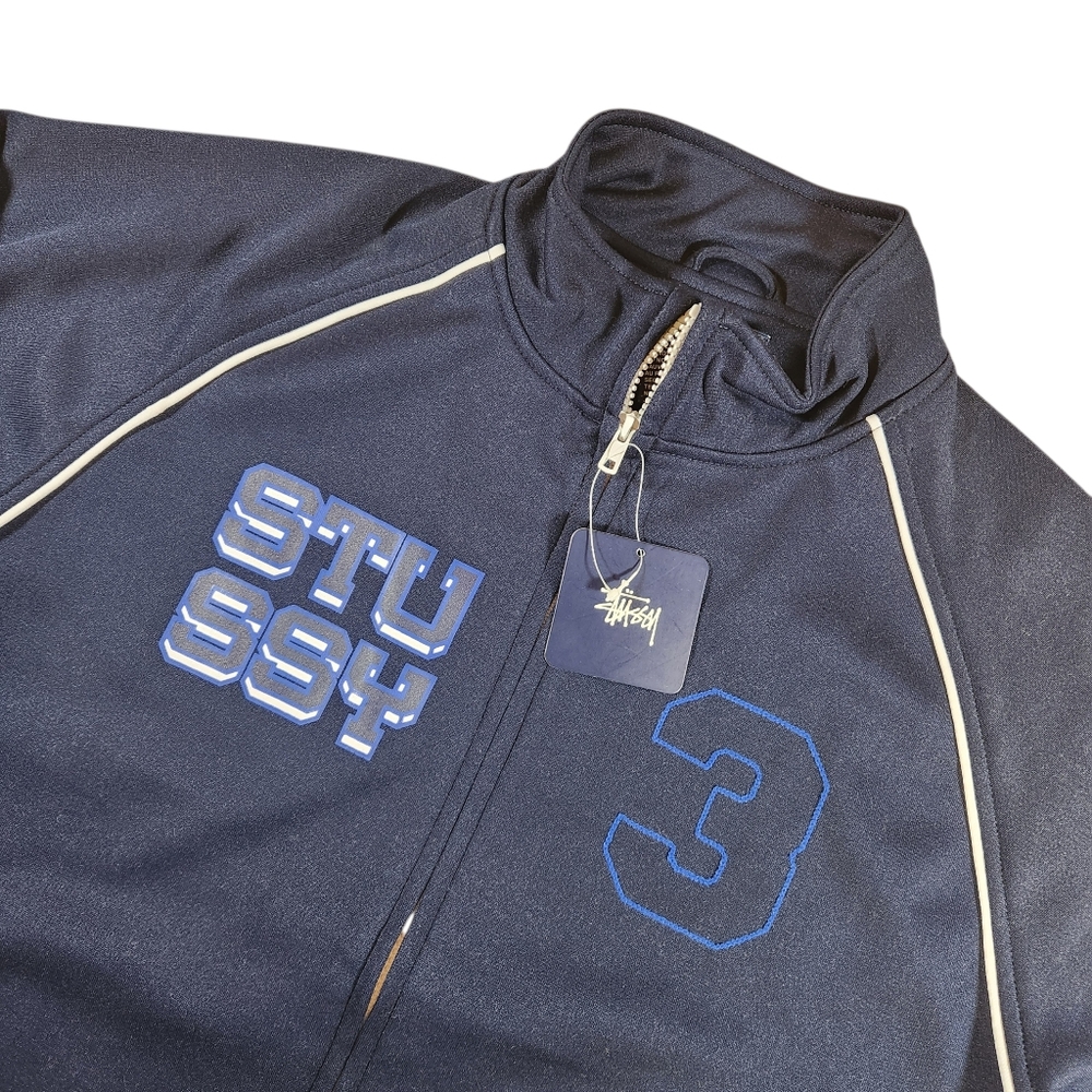 Vintage 90s Stussy Polyester Track Jacket Men L Blue Deadstock Embroidered Print
